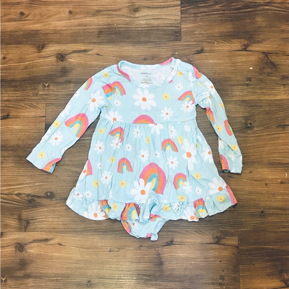 Posh Peanut Dancing Daisies Rainbow and Daisy Long Sleeve Ruffled Dress Bodysuit